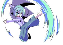  antennae cape commentary_request female green_eyes green_hair kicking kuroneko_no_toorimichi lolicon oerba_yun_fang pants short_hair solo touhou wriggle_nightbug 