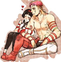  1boy bad_id bad_pixiv_id black_hair bob_cut couple facial_hair female hairband heart height_difference itanji jake_martinez kriem multicolored_hair necktie straight stubble tattoo tiger_&amp;_bunny topless_male two-tone_hair 