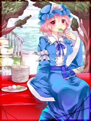  bad_id bad_pixiv_id breasts cloud dango day eating female food ghost japanese_clothes ladder medium_breasts meronpanna_(mikoniito) pink_hair plate plate_stack red_eyes saigyouji_yuyuko sanshoku_dango short_hair sitting skewer sky smile solo touhou tree triangular_headpiece wagashi 