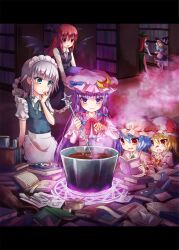  &gt;:) 6+girls :o apron arm_behind_head bad_food bat_wings blonde_hair blue_hair book bow braid carrying colored_eyelashes commentary_request cooking crescent dress_shirt eyelashes flandre_scarlet food food_on_face gift green_eyes grey_hair hair_ribbon hat hat_bow head_wings highres hong_meiling izayoi_sakuya kirisame_marisa koakuma long_hair magic magic_circle maid maid_headdress momojiri_aya multiple_girls necktie open_mouth patchouli_knowledge purple_eyes purple_hair red_eyes red_hair remilia_scarlet ribbon shirt short_hair skirt smile smirk smoke touhou twin_braids v-shaped_eyebrows vest waist_apron wavy_mouth wings witch_hat 