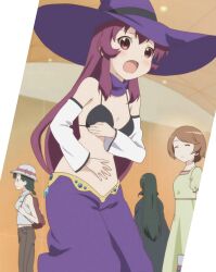  3girls anime_screenshot backpack bag bare_arms bare_shoulders belt bikini bikini_top_only black_bikini bow closed_eyes cosplay detached_sleeves dress facing_another facing_viewer green_dress hat hat_bow hat_ribbon highres long_hair multiple_girls open_mouth pants photoshop_(medium) profile purple_eyes purple_hair purple_hat purple_skirt ribbon rivalun rivalun_(cosplay) sequins short_hair short_sleeves skirt sleeveless sugiura_ayano swimsuit white_hat witch_hat yuru_yuri 