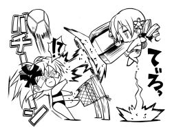  !? 2girls anger_vein angry ball bandages beach_volleyball chibi commentary_request drill_hair greyscale jumping mahou_shoujo_madoka_magica mahou_shoujo_madoka_magica_(anime) monochrome multiple_girls net photoshop_(medium) sakura_kyoko senomoto_hisashi swimsuit tiro_finale tomoe_mami twin_drills twintails volleyball 