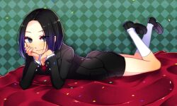  androgynous bad_id bad_pixiv_id black_hair confetti female formal fujitsuna kujou_subaru lying on_stomach sakura_taisen sakura_taisen_v short_hair shorts solo suit the_pose 