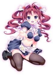  blush bra breasts commentary_request female hair_ornament looking_at_viewer maid momoiro_taisen_pairon navel open_mouth original outstretched_arm outstretched_hand photoshop_(medium) pikazo seiza shiny_skin sitting skindentation solo thighhighs twintails underwear zettai_ryouiki 