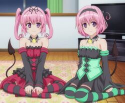  2girls arm_support bare_shoulders blush brooch carpet curtain curtains detached_sleeves dress female hair_ribbon hairband happy indian_style indoors inside jewelry kneeling legs_crossed long_hair momo_velia_deviluke multiple_girls nana_asta_deviluke pink_hair purple_eyes ribbon short_hair short_twintails siblings sisters sitting smile strapless strapless_dress striped striped_legwear striped_thighhighs tail television thighhighs to_love-ru toloveru twins twintails window yokozuwari 