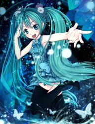  alternate_costume aqua_eyes aqua_hair bad_id bad_pixiv_id bare_shoulders black_thighhighs blush bug butterfly female flower hair_flower hair_ornament hatsune_miku highres leaf long_hair open_mouth petals skindentation skirt solo sparkle thighhighs twintails very_long_hair vocaloid wait zettai_ryouiki 