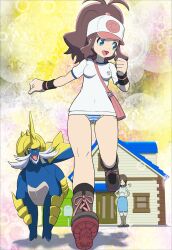  baseball_cap bee-j1 blue_eyes breasts brown_hair hat highres long_hair looking_back makoto_daikichi mother_(pokemon) mother_bw_(pokemon) open_mouth panties pokemon pokemon_(game) pokemon_black_and_white pokemon_bw ponytail running samurott smile striped striped_panties touko_(pokemon) touko_(pokemon) underwear 