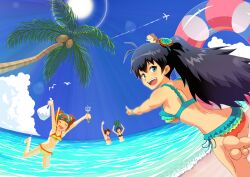  4girls :d aircraft airplane amami_haruka animal antenna_hair argon_(argon18) arms_up artistic_error bad_id bad_pixiv_id barefoot bikini bird blue_eyes blush bow bracelet brown_hair cloud coconut contrail day dutch_angle fisheye food foreshortening fruit ganaha_hibiki hair_ornament hairbow high_ponytail highres idolmaster idolmaster_(classic) innertube jewelry kikuchi_makoto long_hair looking_back multiple_girls ocean oerba_yun_fang open_mouth outdoors outstretched_arm palm_tree pointing ponytail side-tie_bikini_bottom sky smile snorkel soles sun swim_ring swimsuit takatsuki_yayoi tree vivid_bikini_(idolmaster) wading water watermelon waving wrong_foot 