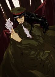  black_hair cape commentary_request female gloves hat long_hair military military_uniform nura_rihan nurarihyon_no_mago one_eye_closed peaked_cap photoshop_(medium) solo tom2940 uniform yellow_eyes 