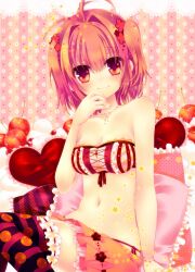  bad_id bad_pixiv_id blush bow bracelet cherry female food frilled_pillow frills fruit hair_ornament heart jewelry konno_kengo midriff navel necklace orange_eyes orange_hair original photoshop_(medium) pillow short_hair skirt smile solo star_(symbol) striped_background striped_clothes striped_thighhighs thighhighs twintails zettai_ryouiki 