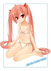  bikini female hidan_no_aria highres horn_hair_ornament horns kanzaki_h._aria kobuichi pink_hair red_eyes red_hair see-through sitting solo swimsuit twintails wariza 