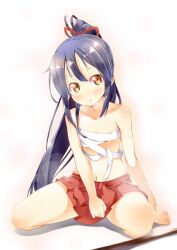  :o bare_legs bare_shoulders barefoot blue_hair blush breath brown_eyes bushidou_(sekaiju) bushidou_2_(sekaiju) commentary_request female full_body kazuma_(kazumav) long_hair navel no_shirt ponytail sarashi sekaiju_no_meikyuu sekaiju_no_meikyuu_1 sitting skirt solo undone_sarashi very_long_hair wariza 