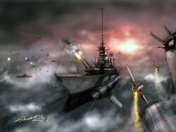  aircraft airplane battle battleship cloud commentary_request firing flying gun highres jet military military_vehicle no_humans original photoshop_(medium) shadowing ship signature sky smoke vehicle_focus warship watercraft weapon 