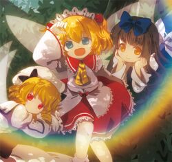  3girls :o arm_up black_hair blonde_hair blue_eyes bow brown_hair chaba_(hortensia) dress drill_hair duplicate fairy hairbow hat long_hair looking_at_viewer luna_child lying multiple_girls on_stomach open_mouth pixel-perfect_duplicate rainbow red_eyes short_hair sitting smile star_sapphire sunny_milk touhou twintails wings yellow_eyes 