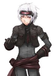  1boy bad_id bad_pixiv_id fantasy_earth fantasy_earth_zero gloves hand_on_own_hip highres jacket male_focus outstretched_hand purple_eyes sash scout_(fantasy_earth) shiroesa simple_background solo visor white_hair 