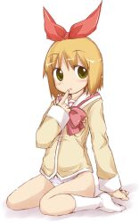  annaka_haruna bad_id bad_pixiv_id blonde_hair blush brown_eyes female finger_to_mouth hair_ribbon nichijou no_pants panties ribbon school_uniform short_hair sitting socks solo striped_clothes striped_panties tokisadame_school_uniform underwear wariza white_socks yumesato_makura 