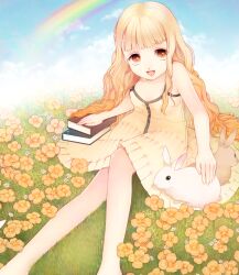  bad_id bad_pixiv_id bare_legs blonde_hair blunt_bangs book dress female flower gradient_hair grass headpat lolicon long_hair momoshiki_tsubaki multicolored_hair orange_eyes orange_hair original rabbit rainbow sitting smile solo wavy_hair 