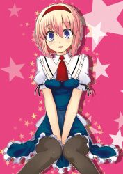  alice_margatroid between_thighs black_pantyhose blonde_hair blue_eyes blush breasts commentary_request dress female hairband medium_breasts open_mouth pantyhose photoshop_(medium) short_hair sitting smile solo star_(symbol) touhou uro_(urotanc) v_arms 