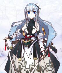  bad_id bad_pixiv_id bare_shoulders bell blue_eyes blue_hair breasts bridal_gauntlets cleavage detached_sleeves dual_wielding female hair_ribbon holding jingle_bell katana long_hair original ribbon small_breasts solo sword vane_(vane0) weapon 