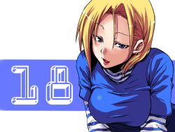  android_18 blonde_hair blue_eyes dragon_ball dragon_ball dragon_ball_z earrings female jewelry ooike_teru open_mouth shirt short_hair solo striped striped_shirt 