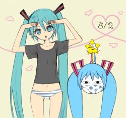  aqua_eyes aqua_hair bad_id bad_pixiv_id blue_hair female hatsune_miku head_tilt long_hair midriff navel no_pants object_on_head open_mouth panties panties_on_head panty_mask ryusei_(ryusei_b) shiteyan&#039;yo solo star_(symbol) striped_clothes striped_panties twintails underwear very_long_hair vocaloid 