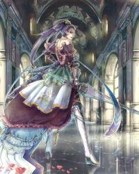  bare_shoulders black_hair boots dress female flower gensou_suikoden gensou_suikoden_ii highres jillia_blight long_hair looking_back polearm ponytail red_eyes ribbon sheath solo soraniaka spear suikoden suikoden_ii sword weapon 