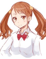  anjou_naruko ano_hi_mita_hana_no_namae_wo_bokutachi_wa_mada_shiranai. blush bow brown_eyes brown_hair commentary_request earrings female ha-ru jewelry photoshop_(medium) school_uniform simple_background smile solo twintails upper_body 