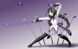  akemi_homura akemi_homura_(magical_girl) black_hair blush braid commentary_request dual_wielding female golf_club grey_skirt hairband holding long_hair magical_girl mahou_shoujo_madoka_magica mahou_shoujo_madoka_magica_(anime) pantyhose purple_eyes skirt solo standing supon twin_braids twintails 