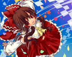  ascot bow brown_hair commentary_request detached_sleeves female flower flying from_above gohei hair_tubes hairbow hakurei_reimu ju-zika long_hair navel open_mouth outstretched_arms petals red_bow red_eyes sky smile solo spread_arms touhou 