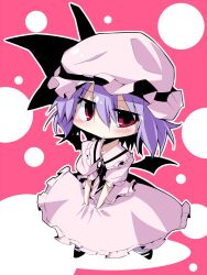  bibi02 blush brooch chibi commentary_request dress female hat jewelry purple_hair red_eyes remilia_scarlet short_hair solo touhou wings 