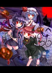  5girls animal_ears ascot bat_(animal) bat_wings bell black_hair blue_hair blunt_bangs braid brooch cat_ears cat_tail commentary_request dress extra_ears full_moon glowing glowing_eyes hair_ribbon halo hat highres houjuu_nue jack-o&#039;-lantern jewelry jingle_bell kaenbyou_rin leaning_forward letterboxed momojiri_aya moon multiple_girls multiple_tails paw_pose pumpkin red_eyes red_hair red_moon remilia_scarlet ribbon short_hair skirt slit_pupils smirk snake tail thighhighs touhou twin_braids twintails wings zettai_ryouiki zombie_fairy_(touhou) 