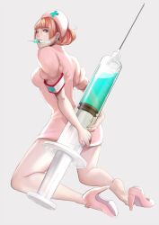  aqua_nails barefoot blue_eyes breasts feet female hat high_heels kneeling looking_back mouth_hold nail_polish nurse nurse_cap original oversized_object pochiharu red_hair shoes short_hair solo syringe 