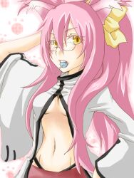  animal_ears arc_system_works asukabbgu black_panties blazblue blush breasts candy cat_ears cat_eyes female glasses kokonoe labcoat lollipop long_hair midriff mouth_hold panties pants pink_hair ponytail ribbon slit_pupils solo underboob underwear yellow_eyes yellow_ribbon 