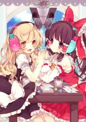  2girls ascot bad_id bad_pixiv_id black_hair blonde_hair bow candy detached_sleeves drawing food glass hair_tubes hairbow hakurei_reimu hat hat_bow headphones heart heart-shaped_pupils highres ice ice_cube kirisame_marisa lollipop long_hair moriyama_shijimi multiple_girls no_headwear photoshop_(medium) symbol-shaped_pupils touhou witch_hat 