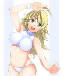  arm_up bikini blonde_hair commentary_request female green_eyes hevn hoshii_miki idolmaster idolmaster_(classic) long_hair photoshop_(medium) solo swimsuit tank_top v white_bikini wristband 