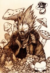  1boy absurdres acony13 commentary_request dorohedoro en_(dorohedoro) highres horns kikurage_(dorohedoro) male_focus mask monochrome mushroom no_eyebrows tongue traditional_media 