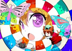  2girls b-ginga basket blonde_hair brown_hair bug butterfly chen close-up closed_eyes colorful commentary_request hat mouse_(animal) multiple_girls multiple_tails nazrin nazrin_(mouse) open_mouth psychedelic purple_eyes star-shaped_pupils star_(symbol) symbol-shaped_pupils tail touhou yakumo_yukari 