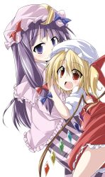  2girls bibi02 blonde_hair bow commentary_request crescent dress flandre_scarlet hairbow hat highres long_hair multiple_girls oerba_yun_fang open_mouth patchouli_knowledge purple_eyes purple_hair red_eyes short_hair side_ponytail smile touhou wings 