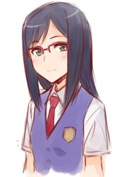  ano_hi_mita_hana_no_namae_wo_bokutachi_wa_mada_shiranai. black_hair blush commentary_request female glasses green_eyes ha-ru long_hair necktie photoshop_(medium) red-framed_eyewear school_uniform simple_background smile solo tsurumi_chiriko upper_body 