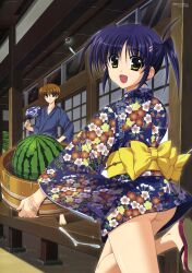  1boy absurdres ass blue_hair brown_hair female floral_print food fruit hand_fan higa_yukari highres imageboard_desourced isis_egret japanese_clothes kimono looking_back lyrical_nanoha mahou_senki_lyrical_nanoha_force megami_magazine no_panties non-web_source official_art open_mouth paper_fan short_kimono thoma_avenir uchiwa water watermelon yellow_eyes yukata 