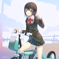  adjusting_hair bad_id bad_pixiv_id bianchi_(company) bicycle black_hair blush brown_eyes day female highres long_sleeves looking_at_viewer medium_hair miniskirt open_mouth original outdoors photoshop_(medium) plaid plaid_skirt pleated_skirt riding school_uniform skirt smile solo tougetsu_gou 