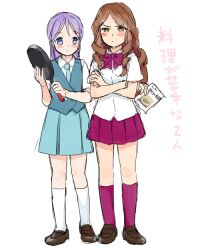  2girls bad_id bad_pixiv_id blush brown_hair crossed_arms frying_pan higebu inazuma_eleven inazuma_eleven_(series) kudou_fuyuka multiple_girls photoshop_(medium) purple_hair raimon_natsumi school_uniform 