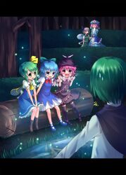  6+girls animal_ears antennae black_socks black_thighhighs blue_eyes blue_hair blush bow cape cirno commentary_request daiyousei drooling expressive_clothes fireflies forest fork ghost green_eyes green_hair grey_hair hair_ribbon hairbow hat highres hitodama knife konpaku_youmu konpaku_youmu_(ghost) letterboxed log lolicon mary_janes momojiri_aya multiple_girls mystia_lorelei nature night pink_eyes pink_hair pointy_ears puddle reflection ribbon saigyouji_yuyuko shoes short_hair side_ponytail sitting socks sweatdrop team_9_(touhou) thighhighs touhou white_legwear wings wriggle_nightbug zettai_ryouiki 