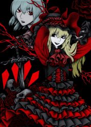  2girls blonde_hair chotto commentary_request dress flandre_scarlet flower frills hat long_hair mixed_media multiple_girls red_eyes red_flower red_rose remilia_scarlet rose siblings sisters skull sword touhou traditional_media weapon wings 