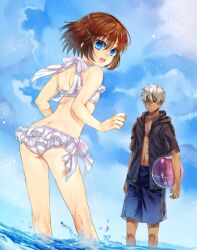  1boy :d a_(shiei_no_sona-nyl) ass ball beachball bikini blue_eyes blue_sky brown_hair butt_crack commentary_request dark-skinned_male dark_skin day female flat_chest frilled_bikini frills from_behind hood hooded_jacket hoodie jacket lily_(shiei_no_sona-nyl) looking_at_viewer looking_back open_mouth red_eyes shiei_no_sona-nyl short_hair shorts side-tie_bikini_bottom silver_hair sky smile steampunk_(liarsoft) swimsuit tenkuu_sphere wading water 