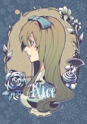  alice_liddell_(heart_no_kuni_no_alice) apron bad_id bad_pixiv_id blue_eyes blush bow brown_hair female floral_print flower frills from_side hairbow heart_no_kuni_no_alice leaf long_hair megu_(megu-milk) mushroom open_mouth profile puffy_sleeves ribbon rose solo text_focus 