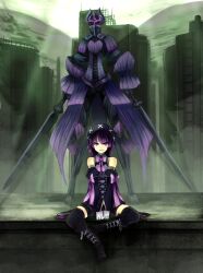  bad_id bad_pixiv_id black_thighhighs boots bow detached_sleeves female ganesagi gloves hat highres long_hair pixiv_shadow pixiv_shadow_3 purple_eyes purple_hair shorts solo thighhighs v_arms 