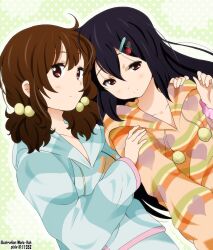  2girls ahoge alternate_hairstyle artist_name black_hair blush brown_eyes brown_hair casual commentary_request hair_bobbles hair_down hair_ornament hairclip hand_on_shoulder heart heart_print hood hoodie k-on! long_hair loungewear multiple_girls nakano_azusa photoshop_(medium) polka_dot polka_dot_background short_hair signature smile striped suzuki_jun twintails yamasaki_wataru 