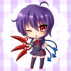  ahoge asymmetrical_wings bad_id bad_pixiv_id black_hair black_thighhighs blue_wings bow bowtie chibi dress female hand_on_own_hip houjuu_nue momojiri_aya one_eye_closed red_eyes red_wings short_hair smile solo thighhighs touhou wings zettai_ryouiki 