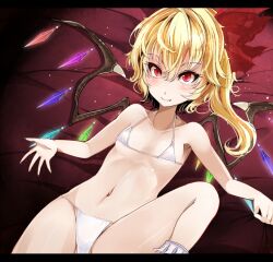  bad_id bad_pixiv_id bikini blonde_hair blush bow female flandre_scarlet flat_chest hairbow letterboxed lying micro_bikini navel oerba_yun_fang on_back red_eyes side_ponytail smile solo swimsuit takaharu touhou white_bikini wings 